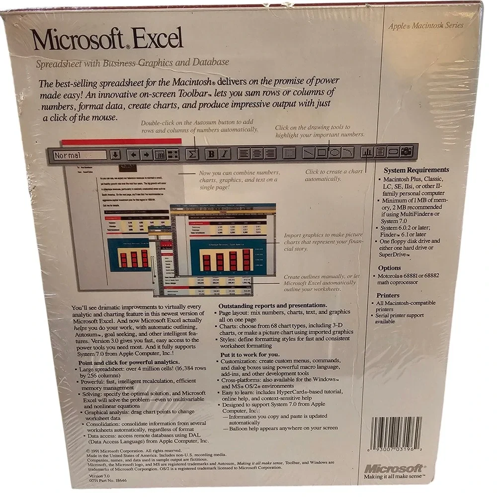 Vintage Microsoft Excel 3.0 Apple Macintosh 1991 Big Box Sealed NOS Mac OS 90s